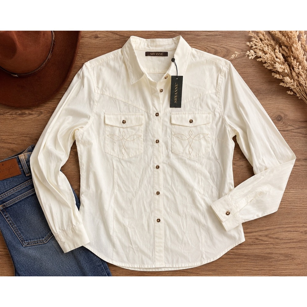 Shyanne Womens Ivory Western Embroidered Long Sleeve Button Down Shirt Large NEW